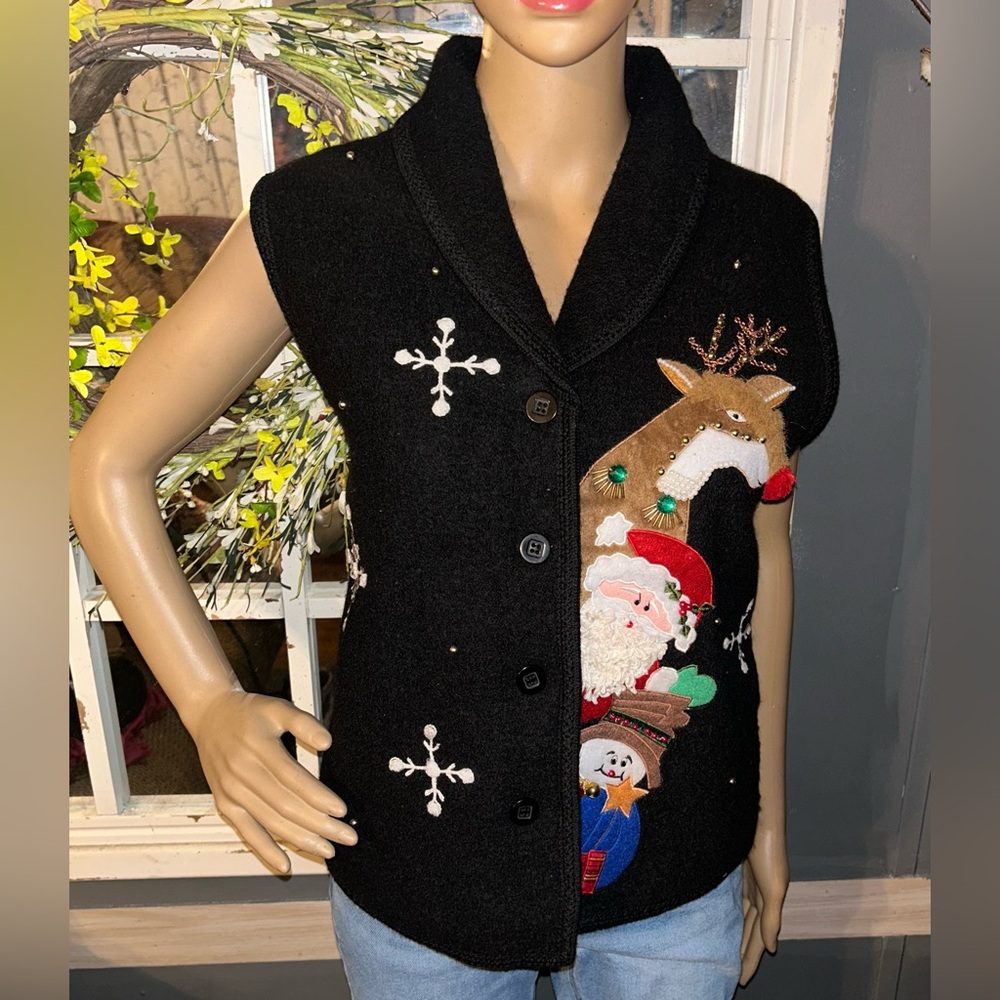 Christmas Sweater Vest Boiled Wool Santa Reindeer Sz LARGE